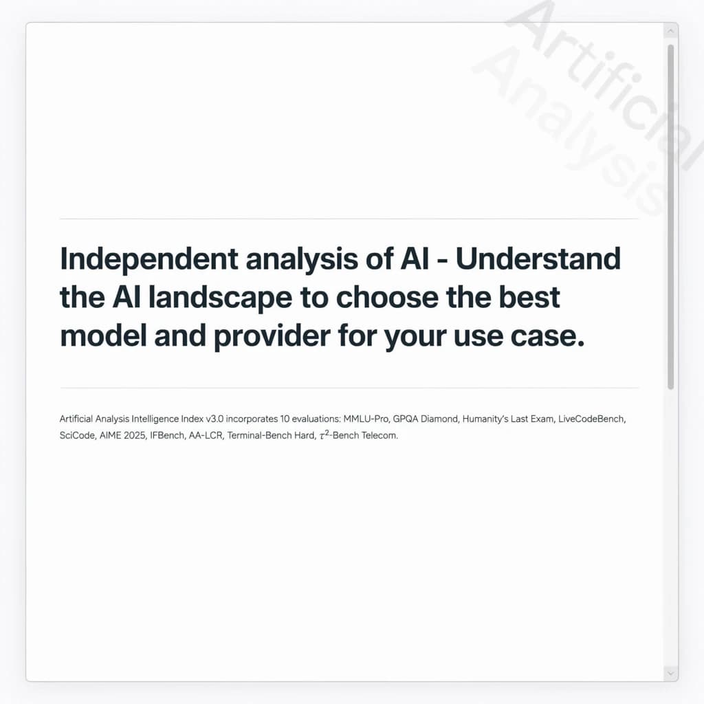 On a white dashboard with thin gray dividers, place a centered header in Helvetica Neue Bold, 20pt: “Independent analysis of AI - Understand the AI landscape to choose the best model and provider for your use case.” Directly beneath, a subheader in smaller Regular weight, 14pt: “Artificial Analysis Intelligence Index v3.0 incorporates 10 evaluations: MMLU-Pro, GPQA Diamond, Humanity's Last Exam, LiveCodeBench, SciCode, AIME 2025, IFBench, AA-LCR, Terminal-Bench Hard, 𝜏²-Bench Telecom.” The header is fully justified but the subheader is left-aligned. In the upper right corner, the Artificial Analysis logo appears watermarked, diagonal, faint gray, partially overlapping the scrollbar.