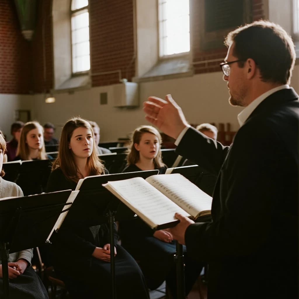 A choir rehearses in a brick hall as somewhat dramatic morning light falls through high windows, with a patient conductor mid-gesture, open scores, intent faces, slight motion blur.