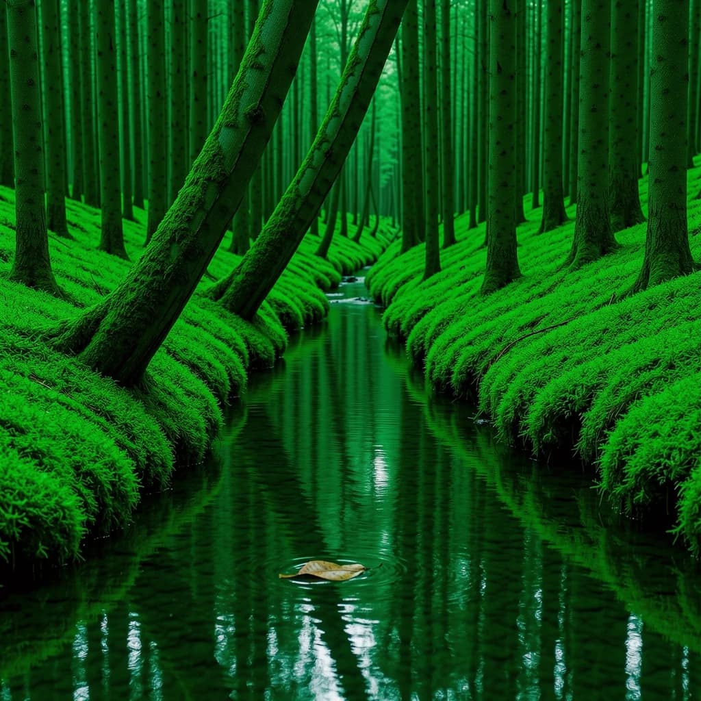 The forest is saturated green, trees identical in height and width, trunks straight, bark texture repeating. One trunk leans diagonally yet the branches remain vertical. The moss is emerald, glistening, though each patch forms identical diamond shapes. A stream runs straight, perfectly linear, water clear, reflecting clouds not visible in the sky. No animals, no insects, but one leaf floats on the water, doubled, showing two overlapping shadows.