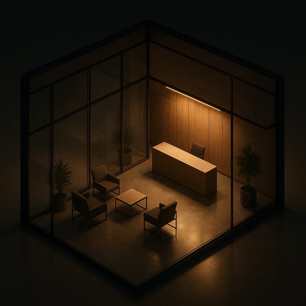 Isometric 3D lobby, glass walls, warm lights, slightly moody, soft shadows.
