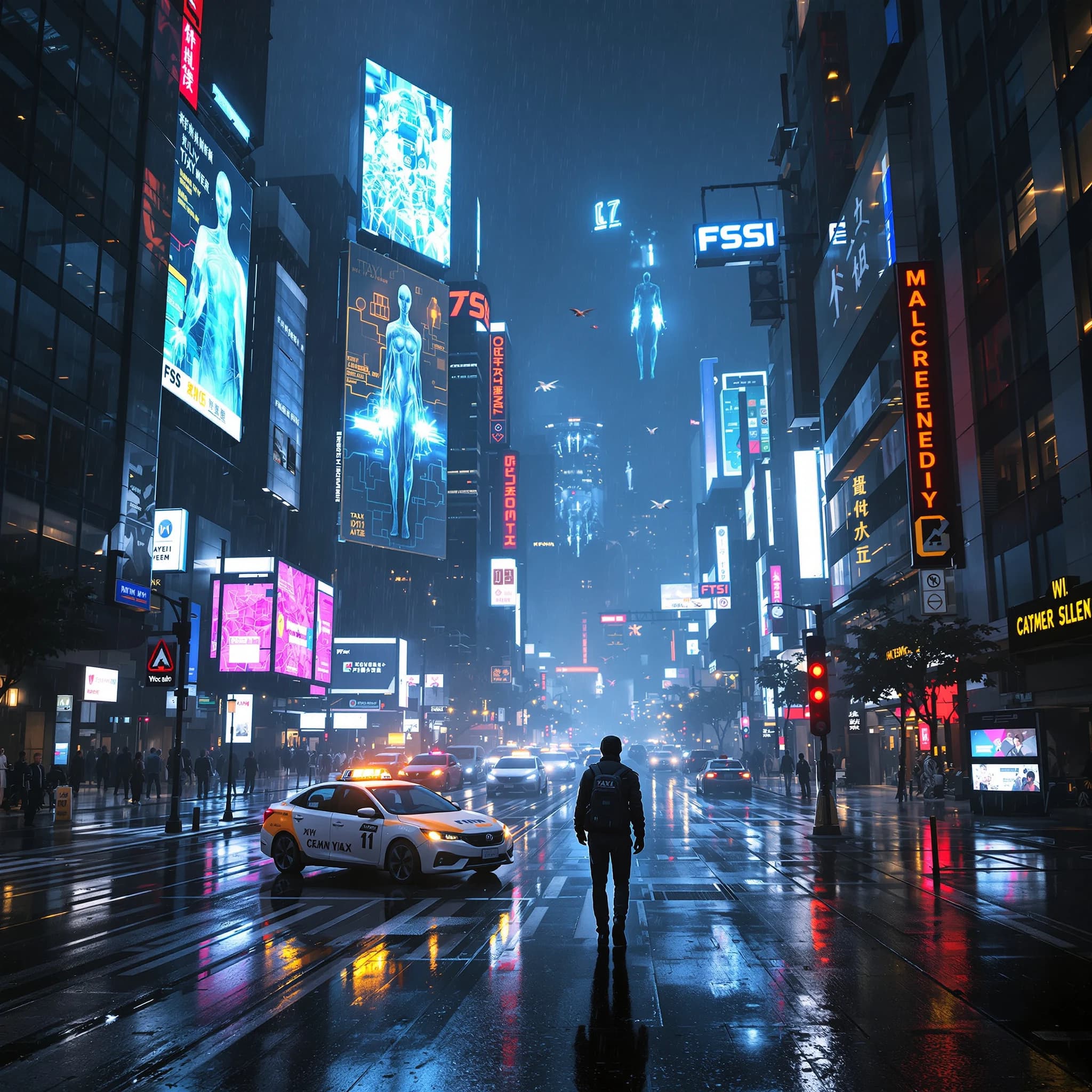 Rain-soaked neon megacity at night, flying taxis weave between glass towers, giant holograms flicker; a lone courier in a matte exosuit, somewhat cinematic wide angle.