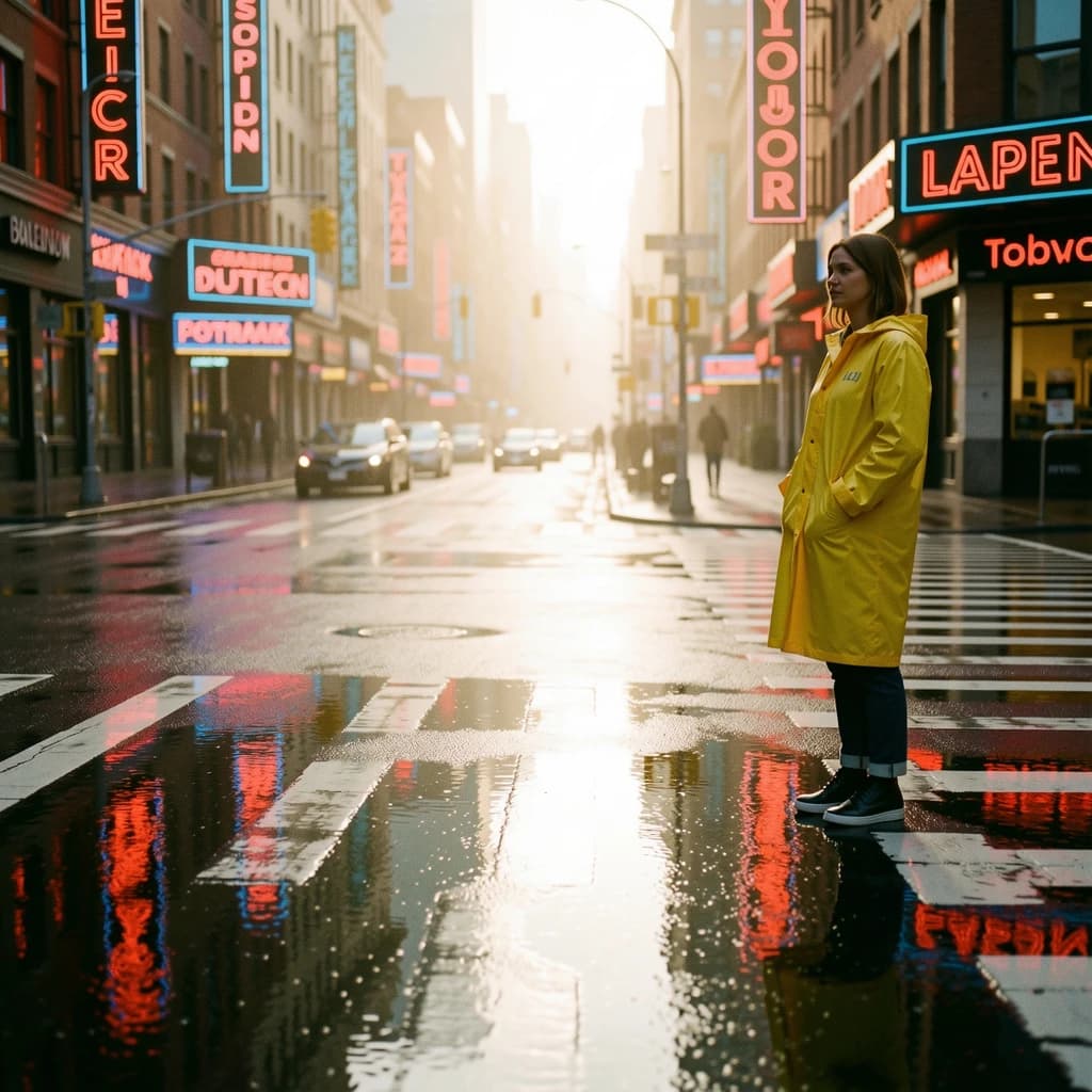 A sunlit city street after rain; puddles mirror neon signs as a woman in a yellow raincoat waits at a crosswalk, soft mist, 50mm look, natural tones, a bit of film grain.