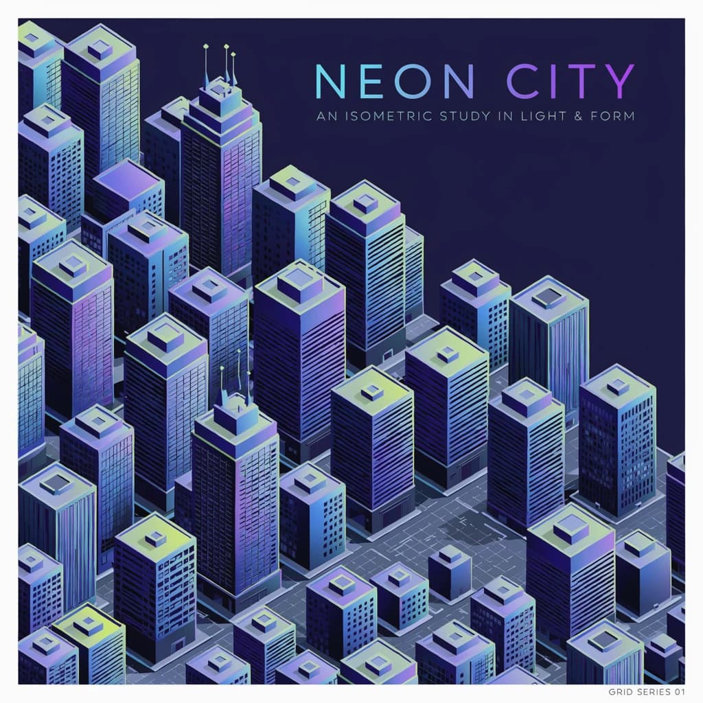 Render an isometric city poster with geometric buildings, neon gradients, gloss highlights, soft AO shadows, clean sans-serif lettering, grid layout, reflections a bit overexposed.