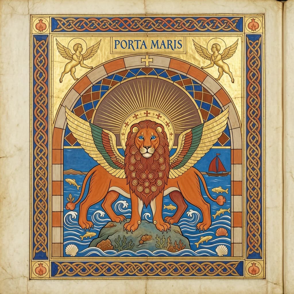 Paint an illuminated manuscript scene of a winged lion guarding a sea gate.