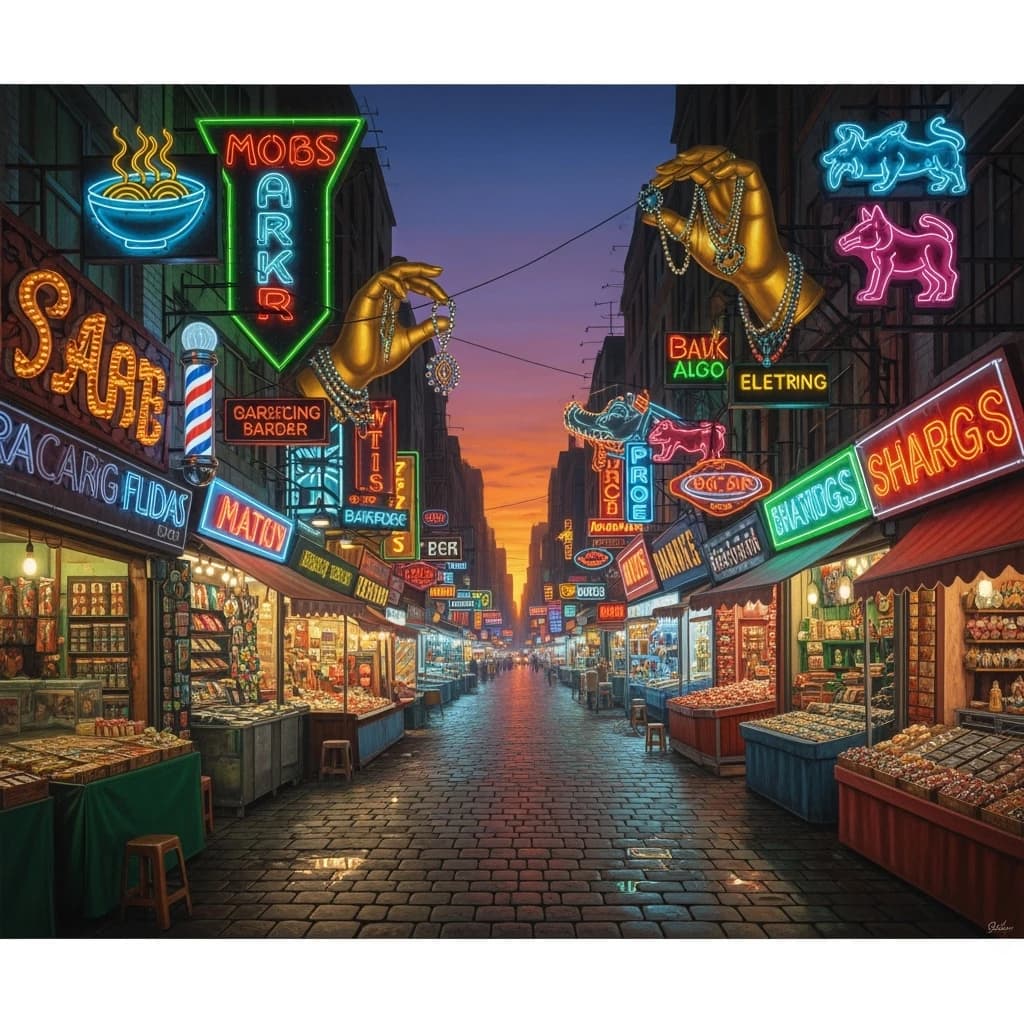 I want an oil painting of a busy market street with gaudy shop signs at dusk.