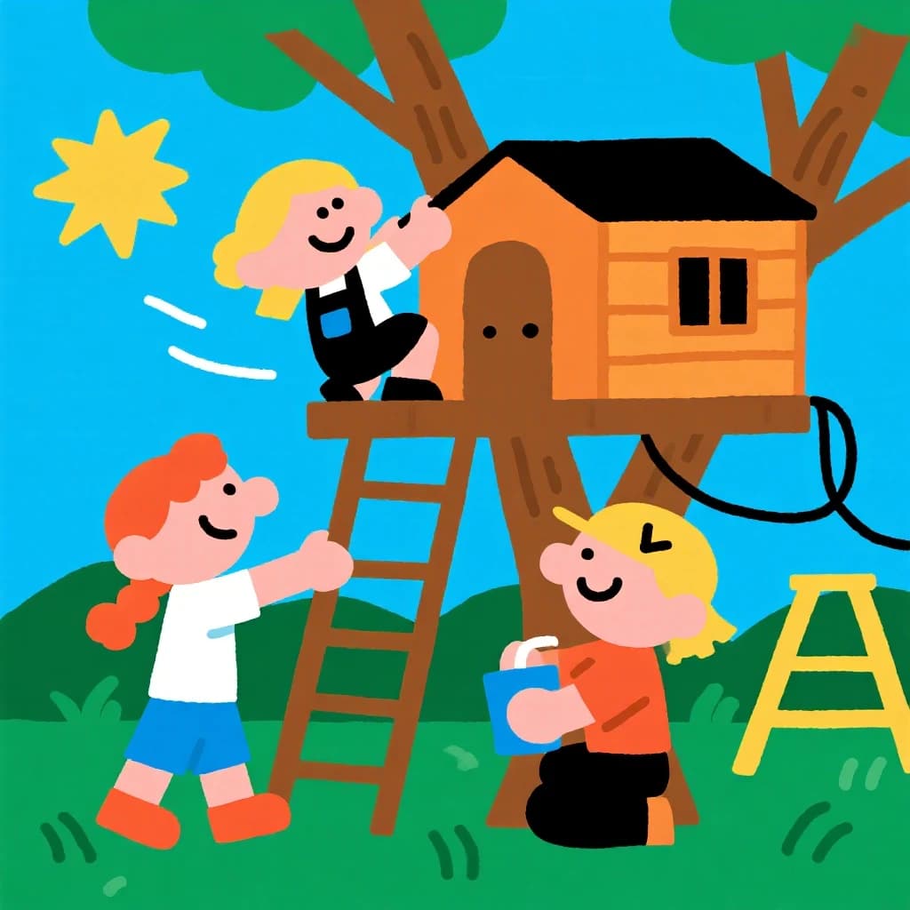 Kids build a backyard treehouse and laugh, bright flat colors, chunky outlines.