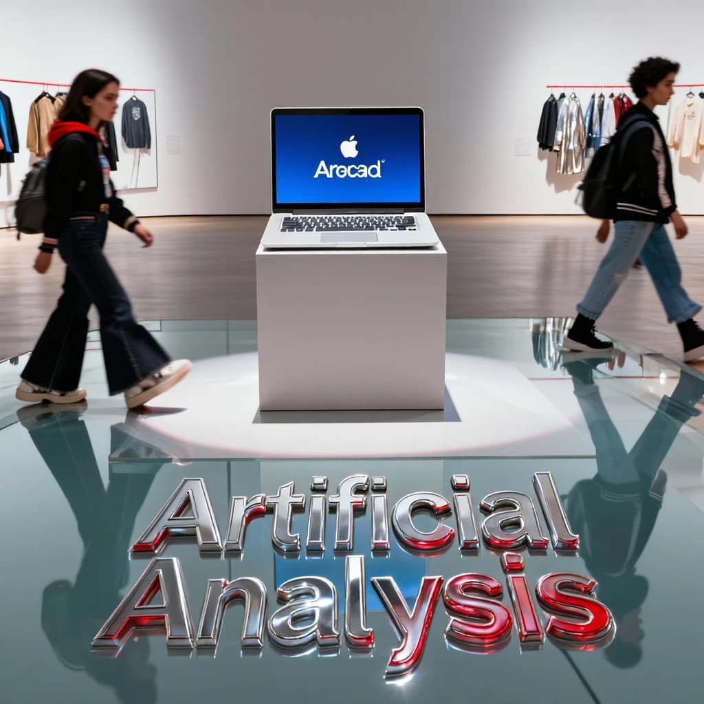 In a spotless gallery space, a pedestal supports a transparent laptop whose screen flickers between static and pristine brand imagery. Shoppers blur past in designer clothes that appear slightly outdated - bell bottoms, metallic jackets. The embossed logo “Artificial Analysis” glints silver, yet its reflection in the glass floor reads in crimson letters. A single spotlight shines, though shadows fall in two directions.