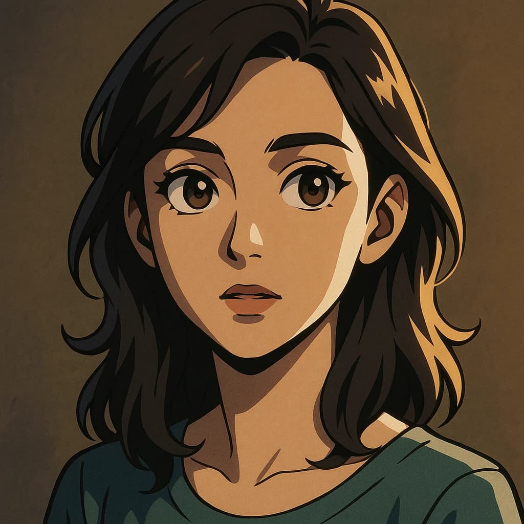 Show a cel-shaded portrait of an adult woman, big eyes, soft rim light.
