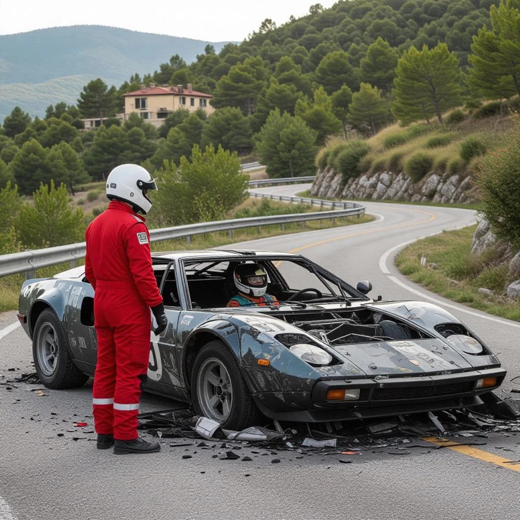 Mario examines the still smouldering wreck of the crash that took his best driver on the side of the country road. He designed this car and caused this. 3 days have passed since the crash. It's 1973 in Northern Italy.
