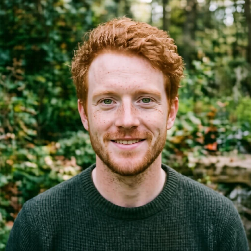Shoot a natural light headshot of a red-haired man with freckles, green eyes.