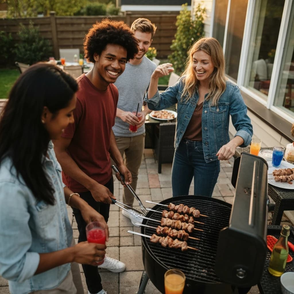 Friends grill skewers on a slightly messy patio.