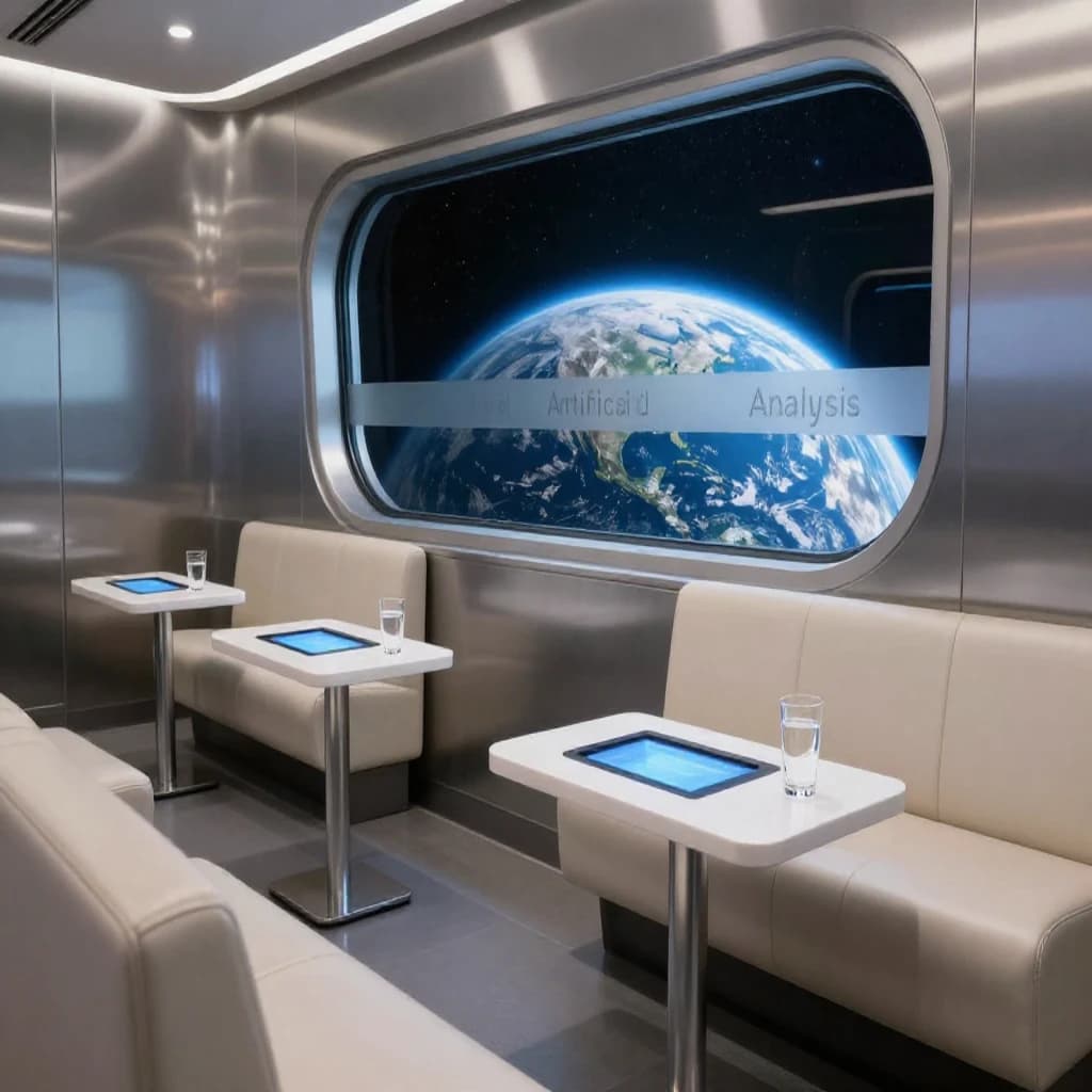 The orbital lounge has brushed aluminum walls and pale leather banquettes. Low white tables are inset with glowing touchscreens. Drinks are clear, flavorless, in tall unmarked glasses. The viewport is floor-to-ceiling, showing Earth moving slowly beneath. The word Artificial Analysis is etched discreetly on the glass in a frosted band.