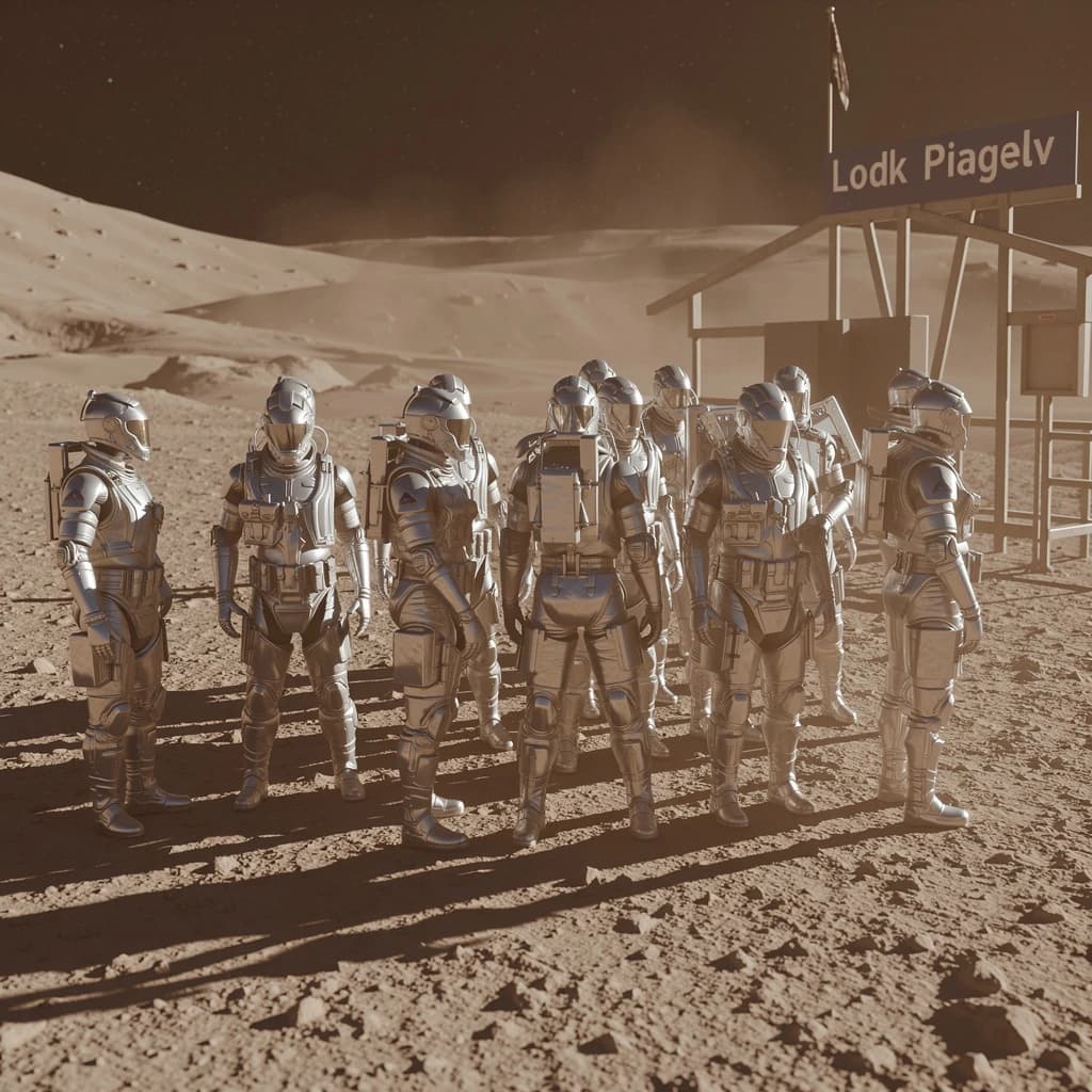 Silver exosuits queue at a dusty lunar checkpoint.