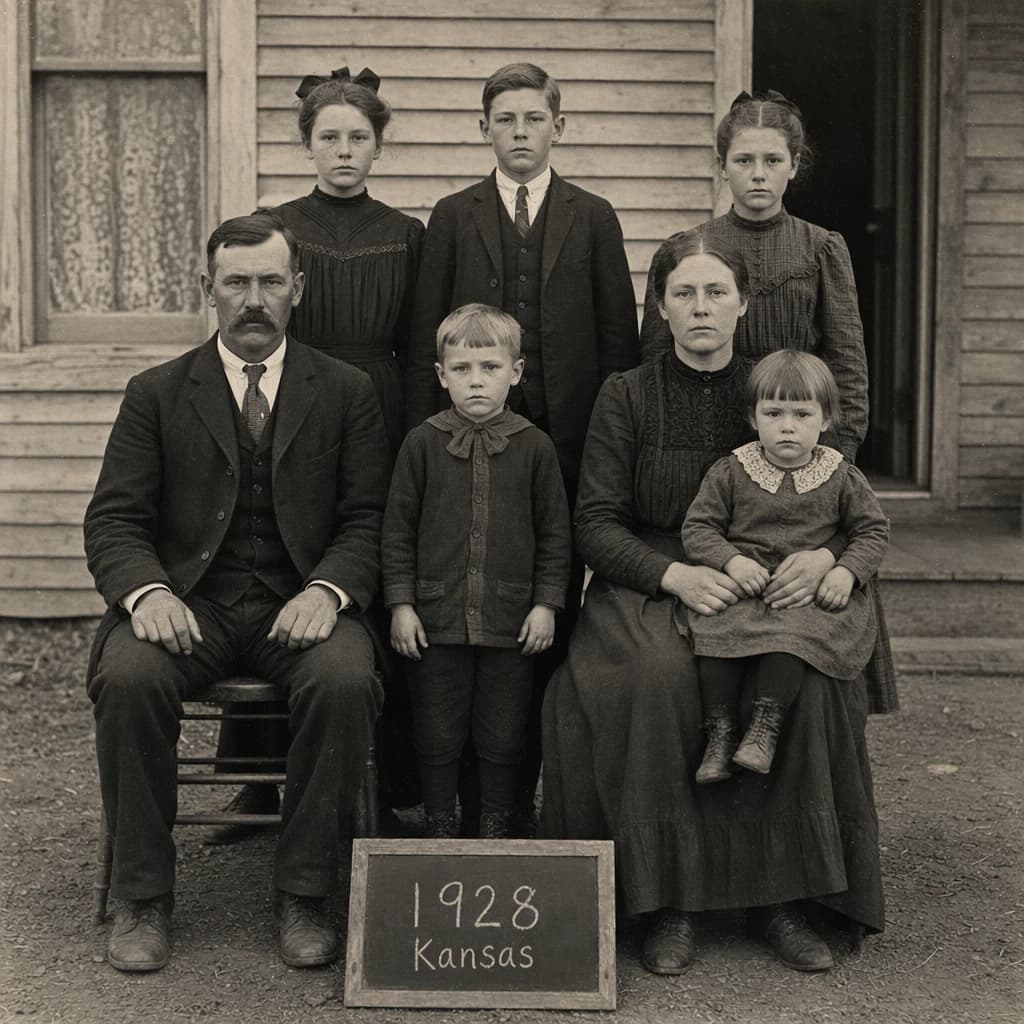 Everybody holds still and nobody smiles for the family portrait. It's 1928 in Kansas