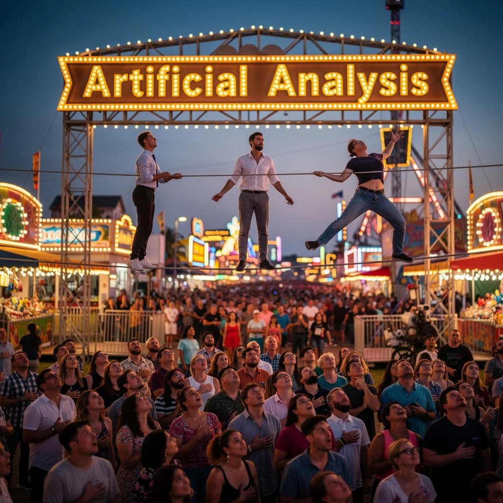 At dusk, high above a carnival crowd, three tightrope walkers balance on a single rope with no aids, one is off balance and grabbing at air. Below, the audience looks upward with baited anticipation. Artificial Analysis is spelled out in the background in carnival lights