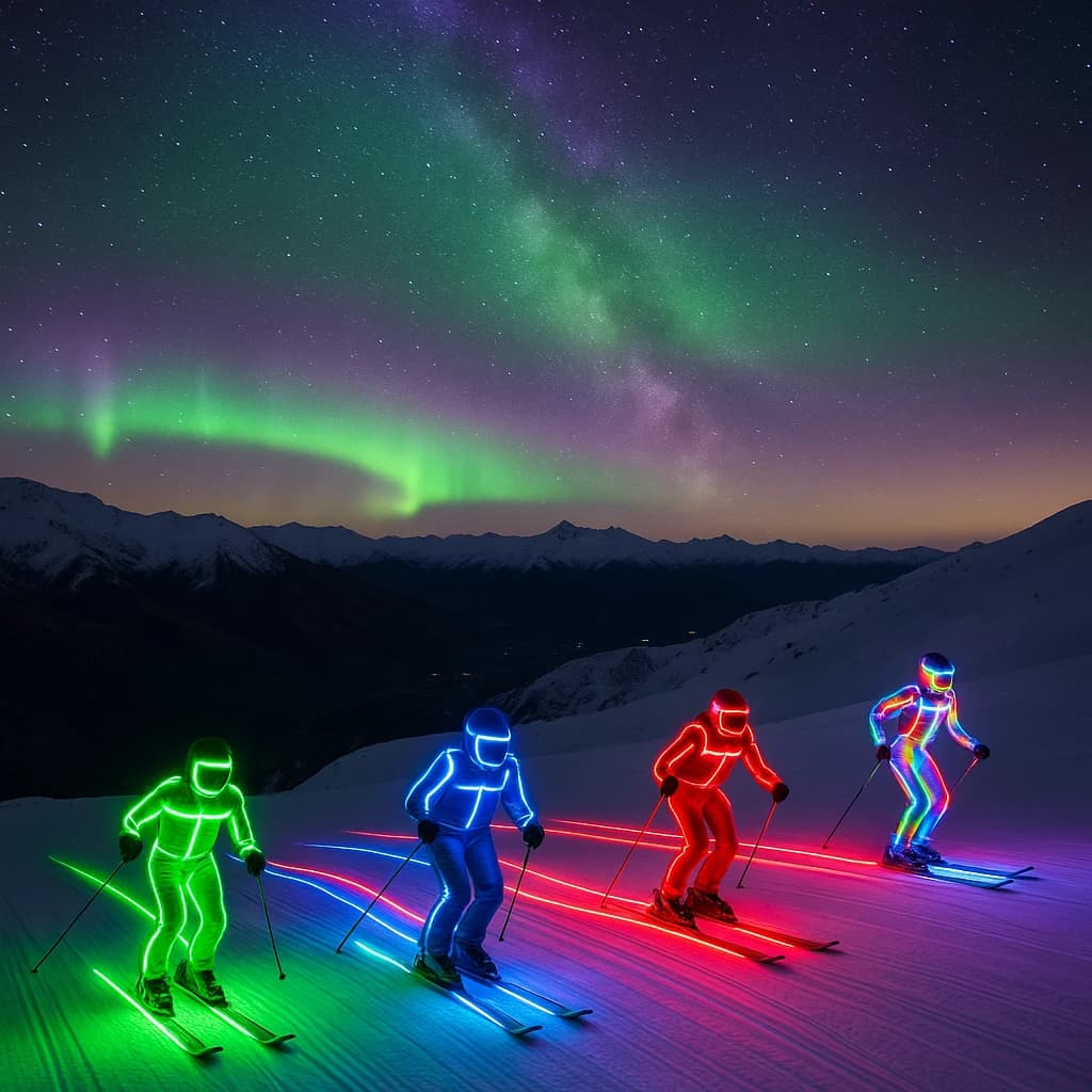 Coronet Peak Night Skiing: Skiers in colorful LED suits carve their way down the slopes of New Zealand's Coronet Peak under the Aurora Borealis, the skiers' light trails visible behind them