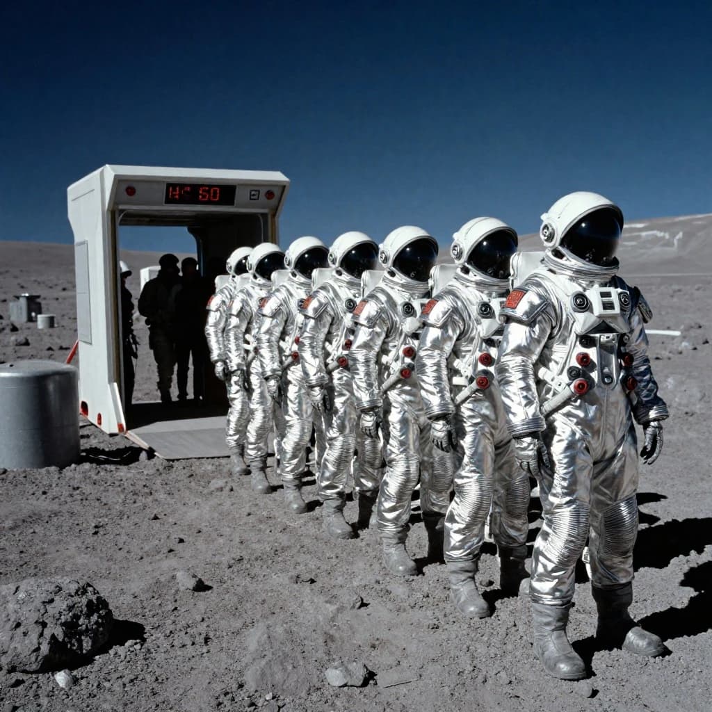 Silver exosuits queue at a dusty lunar checkpoint.