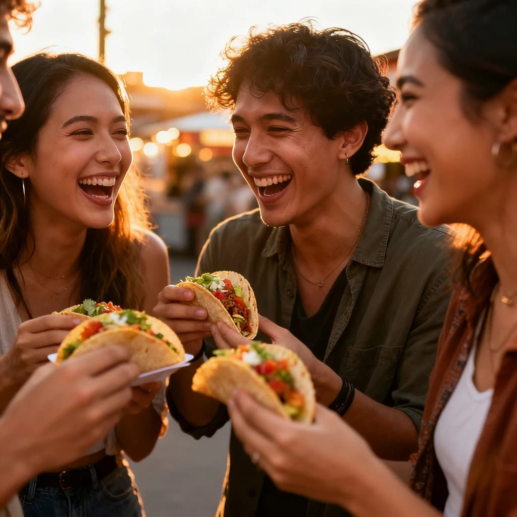 Friends laugh over street tacos at dusk, candid, shallow depth.
