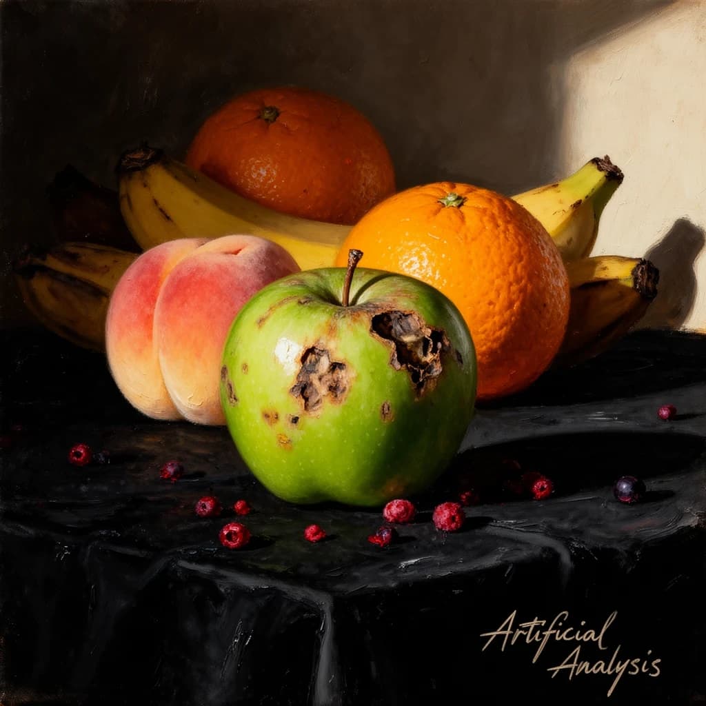 A still life scene painted oil on canvas, comprising various fruits on a black table cloth with striking lighting coming from the right out of frame, creating strong shadows. A bruised green apple is in the foreground, a peach behind it, and behind that a melange of oranges and bananas in various states of ripeness. Berries are strewn in front of the apple. The artist has signed his name "Artificial Analysis" in the bottom right corner in a hurried fashion.