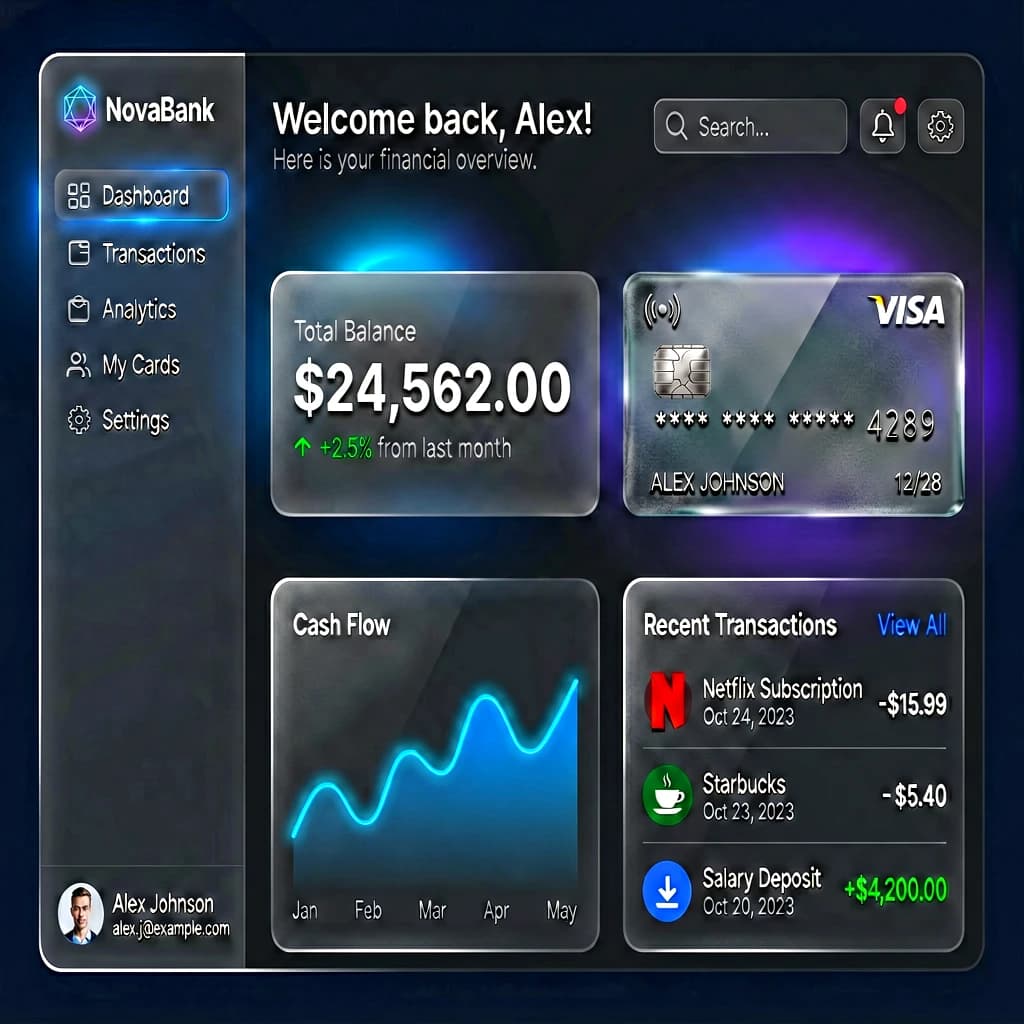 Dark mode banking dashboard with glassmorphism.