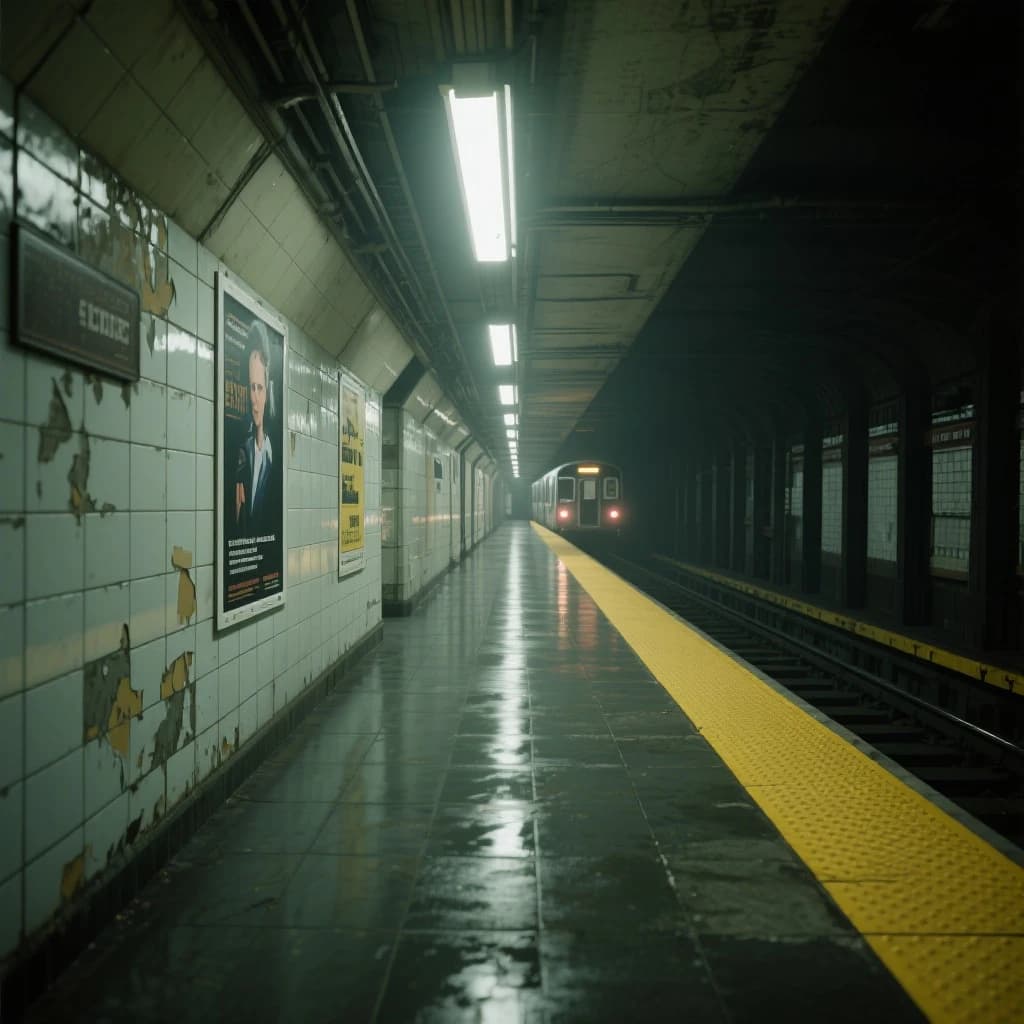 A subterranean subway platform with glossy tiles, peeling posters, flickering fluorescent lights, yellow safety line, and a distant train coming; slightly damp, echoes carry.