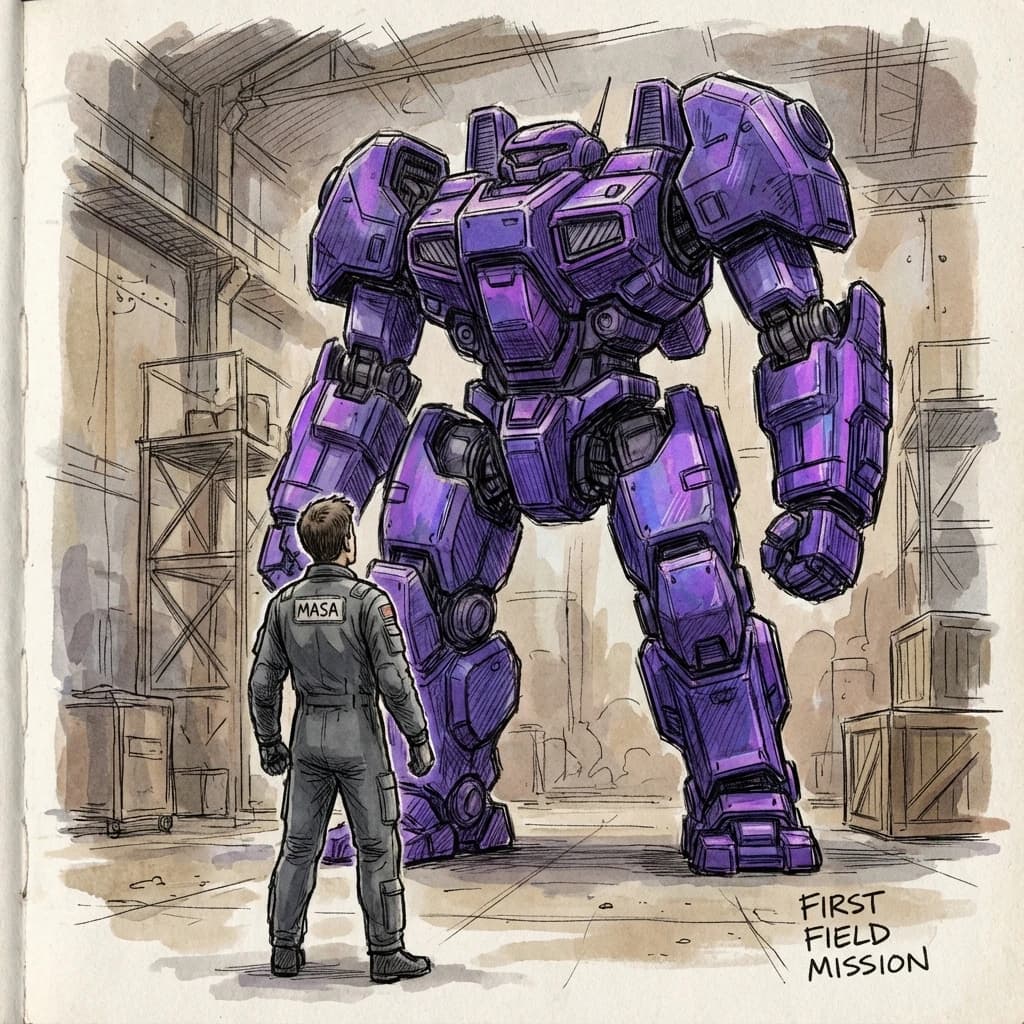 Clad in his body suit up to the neck, young Masa nervously approaches the towering mech with his back facing us. He is nervous for his first time in the field. The mech's bright purple colour scheme contrasts with the grey body suit. The scale of the mech dwarfs Masa. Hand drawn style