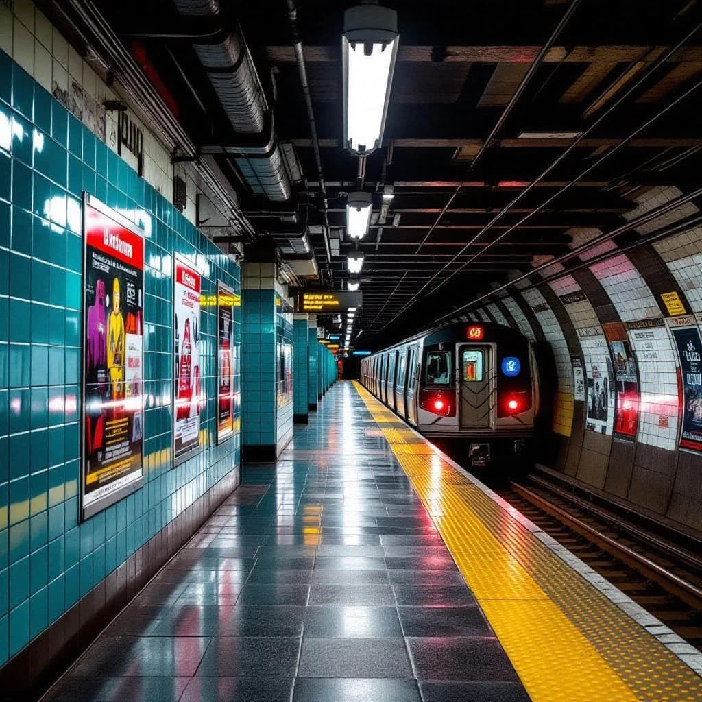 A subterranean subway platform with glossy tiles, peeling posters, flickering fluorescent lights, yellow safety line, and a distant train coming; slightly damp, echoes carry.