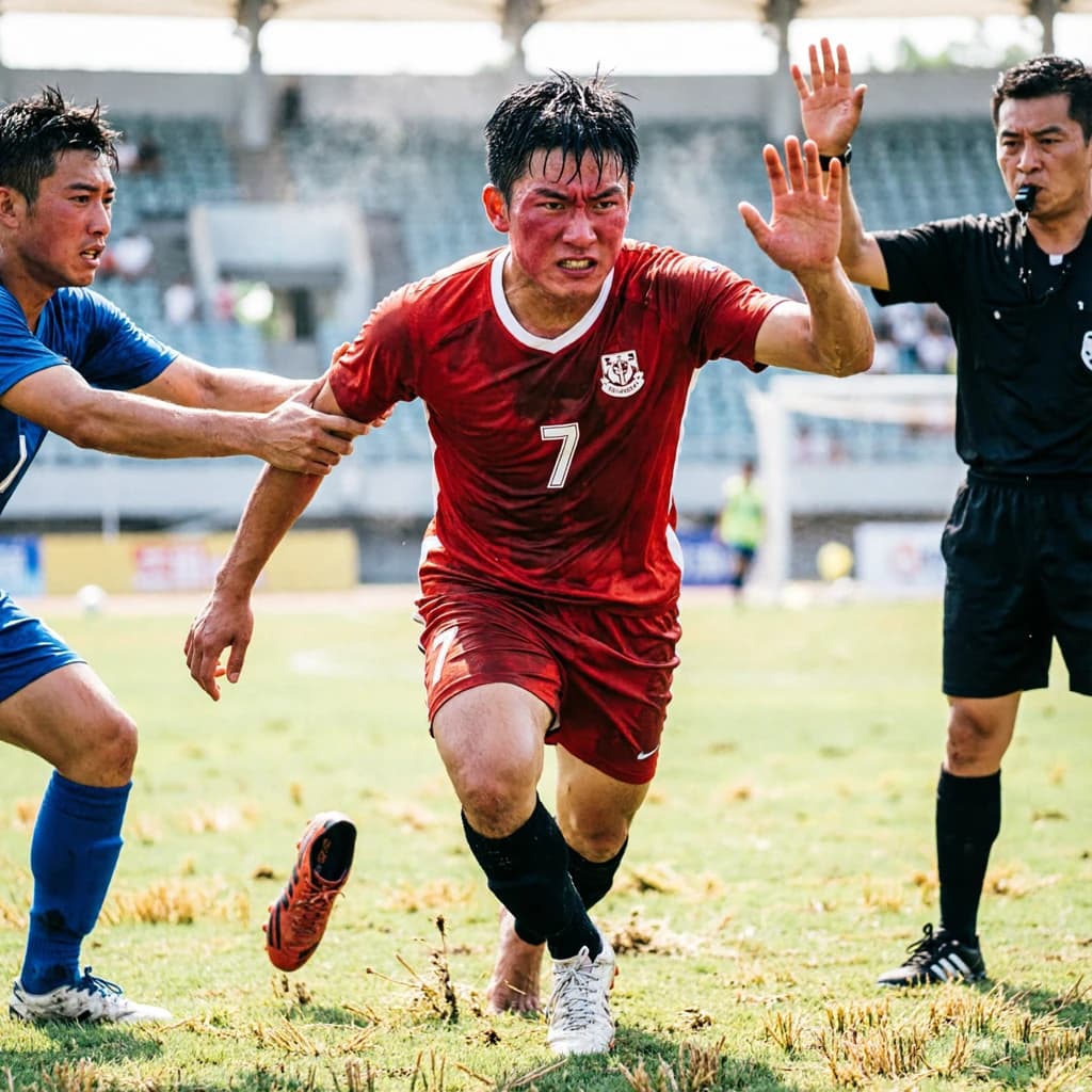 The soccer player clashes with the ref. It is thick and humid and the heat is getting to the players. His friend tries to pull him off before he causes any more trouble.