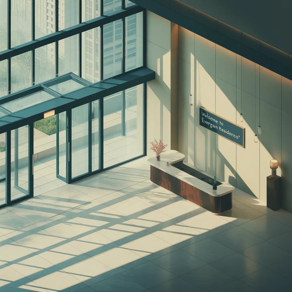 Isometric 3D lobby, glass walls, warm lights, slightly moody, soft shadows.