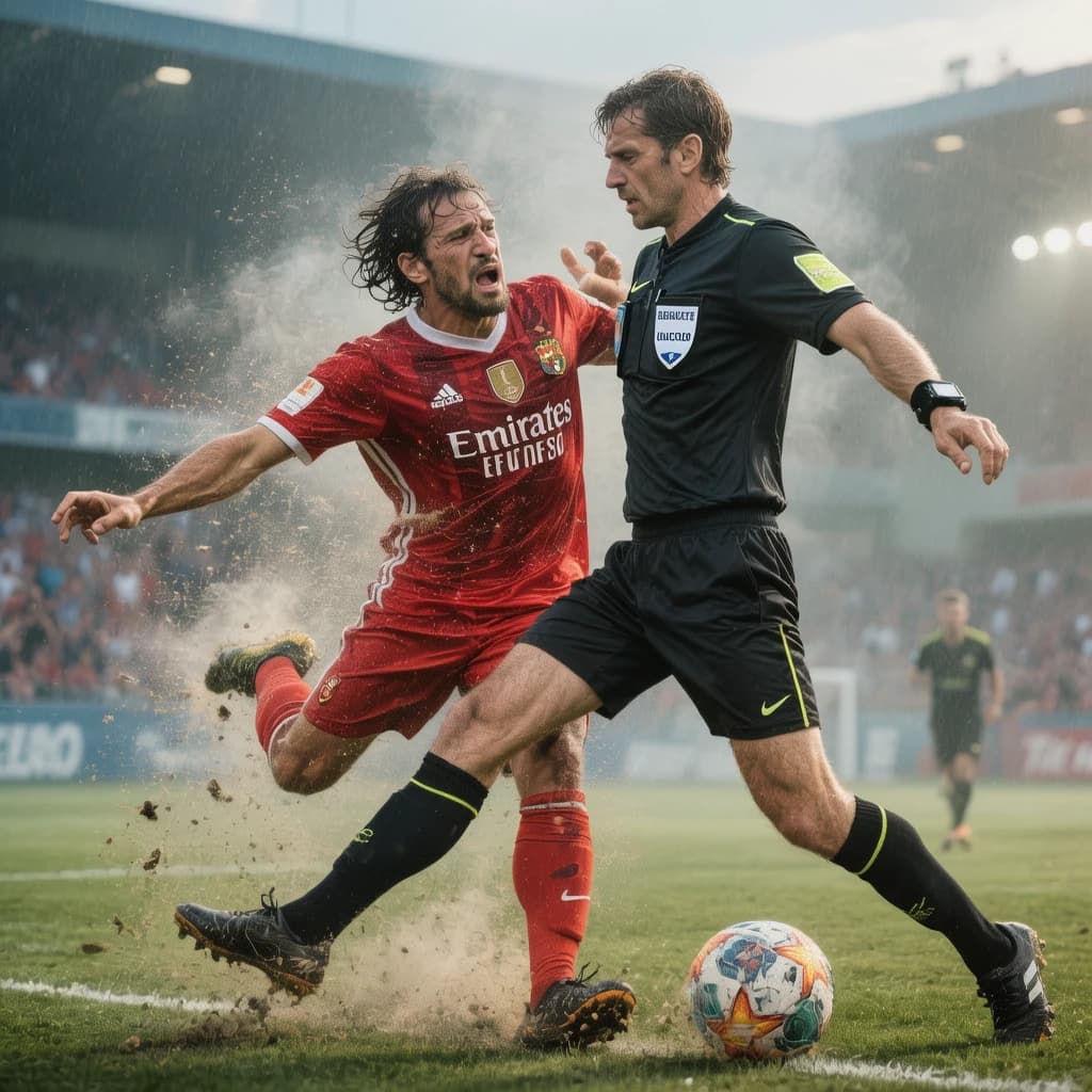 The soccer player clashes with the ref. It is thick and humid and the heat is getting to the players. His friend tries to pull him off before he causes any more trouble.