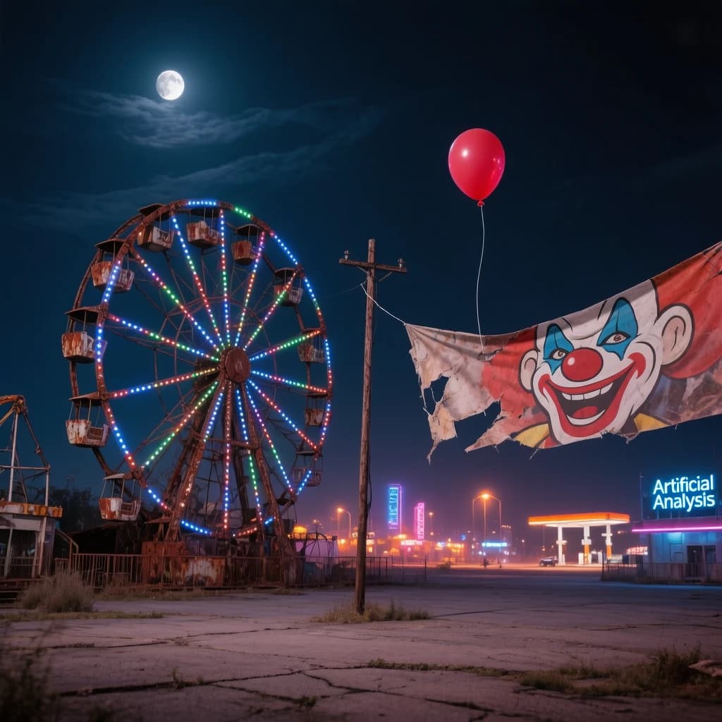 A deserted amusement park glows faintly under a half-moon. The ferris wheel is rusting yet strung with fresh, blinking LED lights. A torn clown banner flaps in a windless air. A lone balloon floats upward, tethered to nothing, while in the far distance city lights flicker on - some neon, some gas lamps as though from another century. 'Artificial Analysis' glows in neon