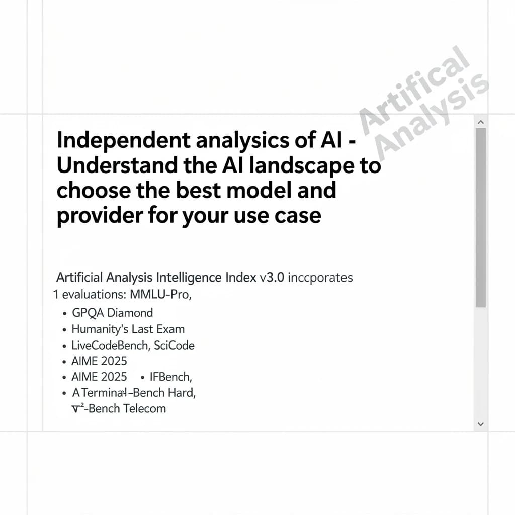 On a white dashboard with thin gray dividers, place a centered header in Helvetica Neue Bold, 20pt: “Independent analysis of AI - Understand the AI landscape to choose the best model and provider for your use case.” Directly beneath, a subheader in smaller Regular weight, 14pt: “Artificial Analysis Intelligence Index v3.0 incorporates 10 evaluations: MMLU-Pro, GPQA Diamond, Humanity's Last Exam, LiveCodeBench, SciCode, AIME 2025, IFBench, AA-LCR, Terminal-Bench Hard, 𝜏²-Bench Telecom.” The header is fully justified but the subheader is left-aligned. In the upper right corner, the Artificial Analysis logo appears watermarked, diagonal, faint gray, partially overlapping the scrollbar.