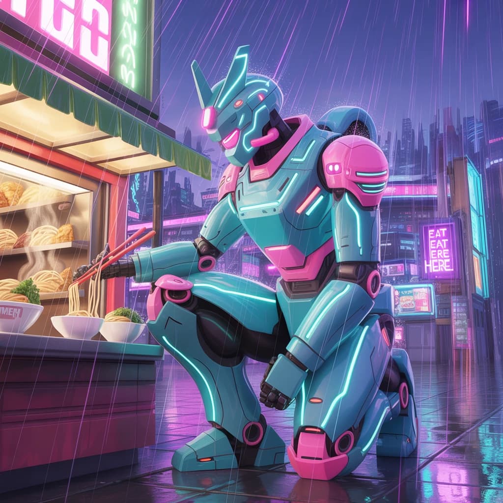 Neon rain falls as a cel-shaded mecha kneels by a ramen stall, midnight vibes.