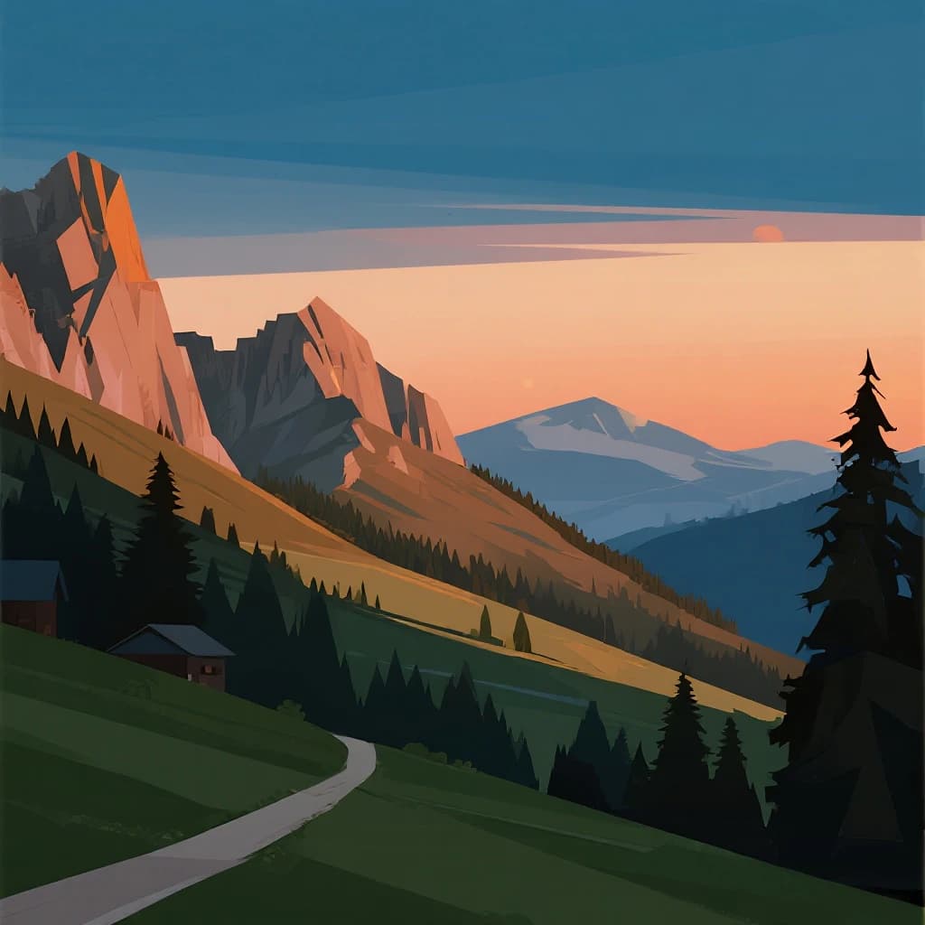 Render a low-poly alpine valley at sunset, clean gradients, long shadows.