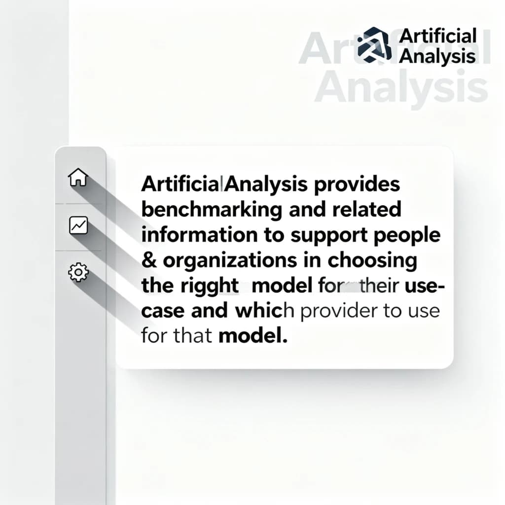 On a high-resolution dashboard mockup with a clean white background, display a centered text module in Helvetica Neue Regular, 18pt, black: “Artificial Analysis provides benchmarking and related information to support people & organizations in choosing the right model for their use-case and which provider to use for that model.” The text box is justified, but the final word wraps awkwardly onto its own line. To the left, a vertical navigation bar in light gray with three icons - home, chart, and settings - aligned evenly but casting misaligned shadows. In the upper right, the Artificial Analysis logo appears faintly, semi-transparent, watermarked over the corner of the interface.