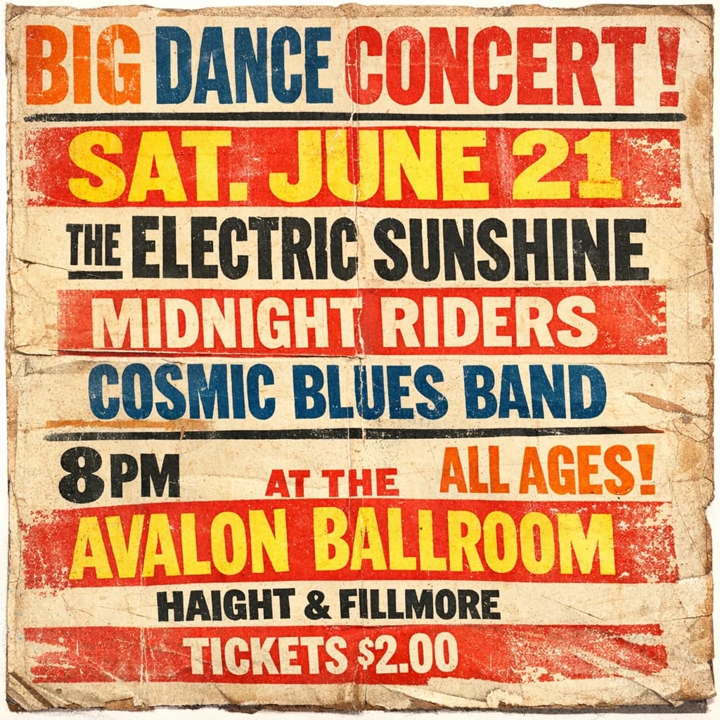 Make a 1960s concert poster featuring bold wood type, misaligned ink, creases.