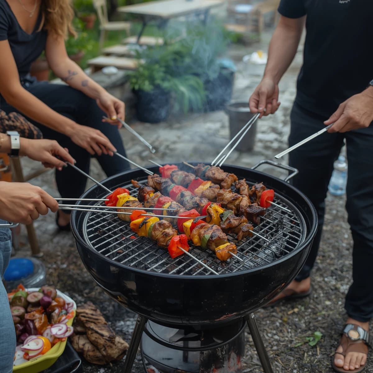 Friends grill skewers on a slightly messy patio.