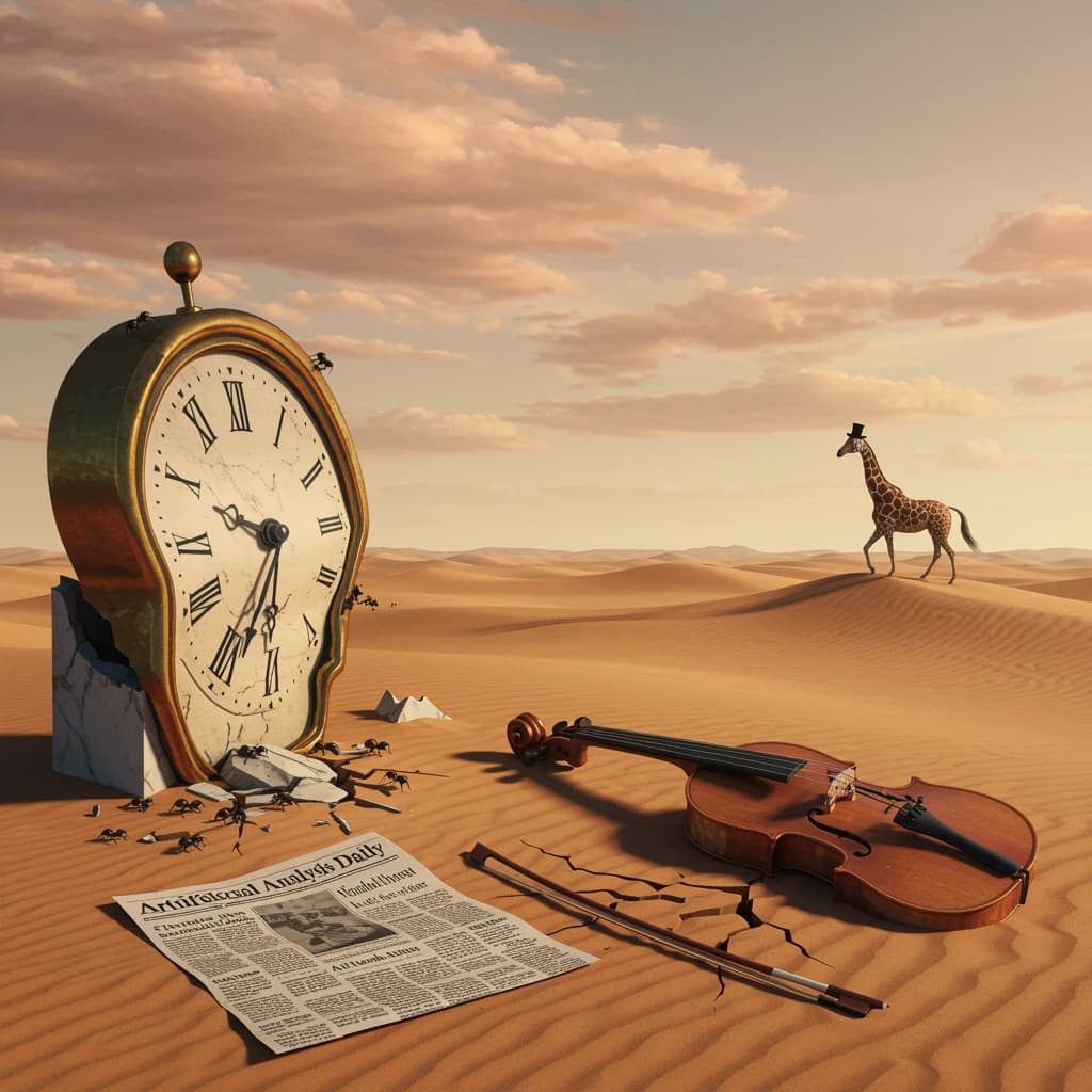 A vast desert plain stretches endlessly under a sky streaked with pale pink and ochre clouds. In the center stands a colossal clock, its face drooping and melting over the edge of a broken marble column. Ants swarm across its warped surface, glinting in the harsh sunlight. To the right, a horse with a giraffe like neck wearing a top hat strides toward the horizon, its shadow stretching miles across the sand. A cracked violin lies half-buried in the foreground, strings snapping outward like veins. Painted in the dreamlike surrealist style. A newspaper named the "Artificial Analysis Daily" lies on the Floor.