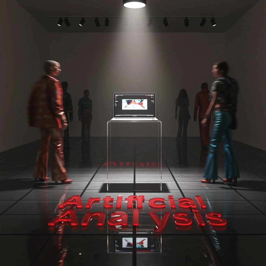 In a spotless gallery space, a pedestal supports a transparent laptop whose screen flickers between static and pristine brand imagery. Shoppers blur past in designer clothes that appear slightly outdated - bell bottoms, metallic jackets. The embossed logo “Artificial Analysis” glints silver, yet its reflection in the glass floor reads in crimson letters. A single spotlight shines, though shadows fall in two directions.