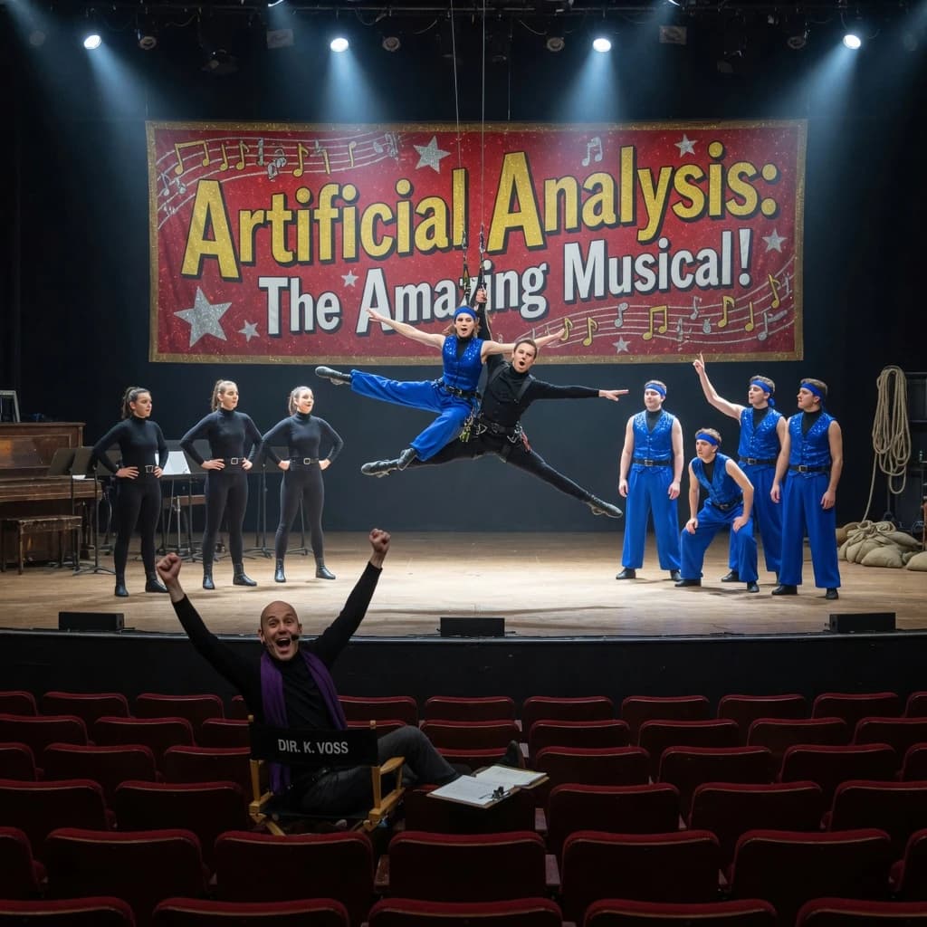 The musical troupe do a rehearsal in a large, empty theatre. 9 people are on the stage, half wear black and the others wear blue. The skinny bald director, seated in the second row, is practically leaping out of their seat with excitement as the leads nail their aerial. A giant banner reading "Artificial Analysis: The Amazing Musical!" is behind the actors.