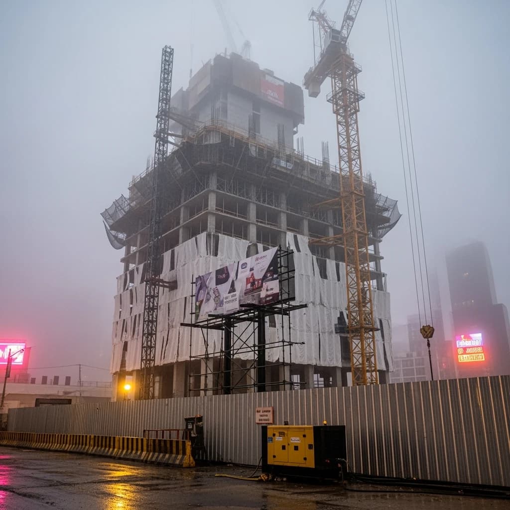A construction site stretched upward into fog, cranes frozen in silhouette. Wind rattled scaffolding draped with torn mesh that glowed faintly from nearby billboards