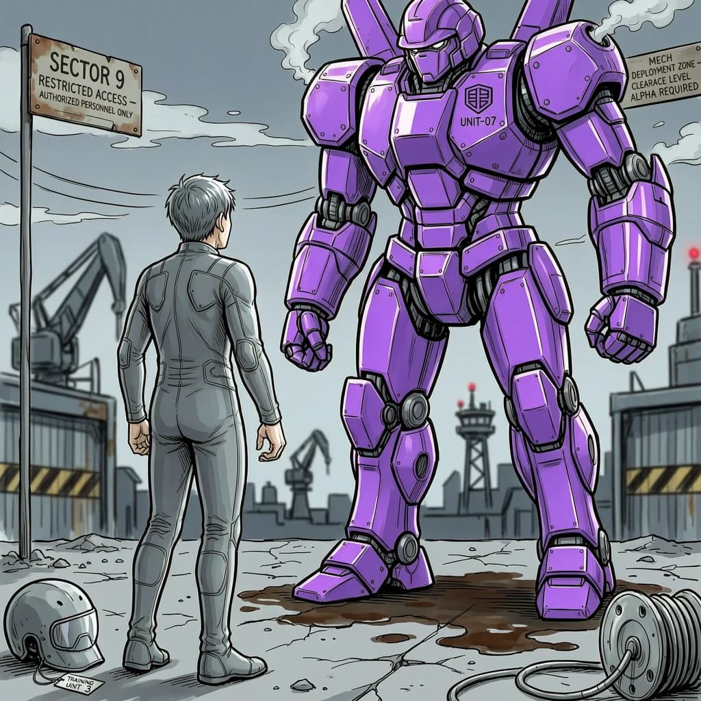 Clad in his body suit up to the neck, young Masa nervously approaches the towering mech with his back facing us. He is nervous for his first time in the field. The mech's bright purple colour scheme contrasts with the grey body suit. The scale of the mech dwarfs Masa. Hand drawn style