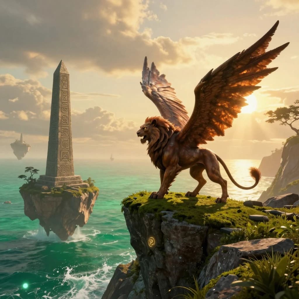 At dawn, a winged griffin lands on a mossy cliff above a jade sea beside a runed obelisk; floating isles drift under golden sunbeams, with a bit of sea spray and glowing runes.