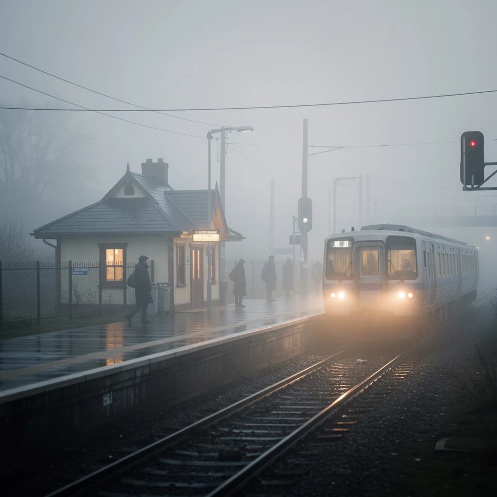 A commuter train enters a foggy little station.