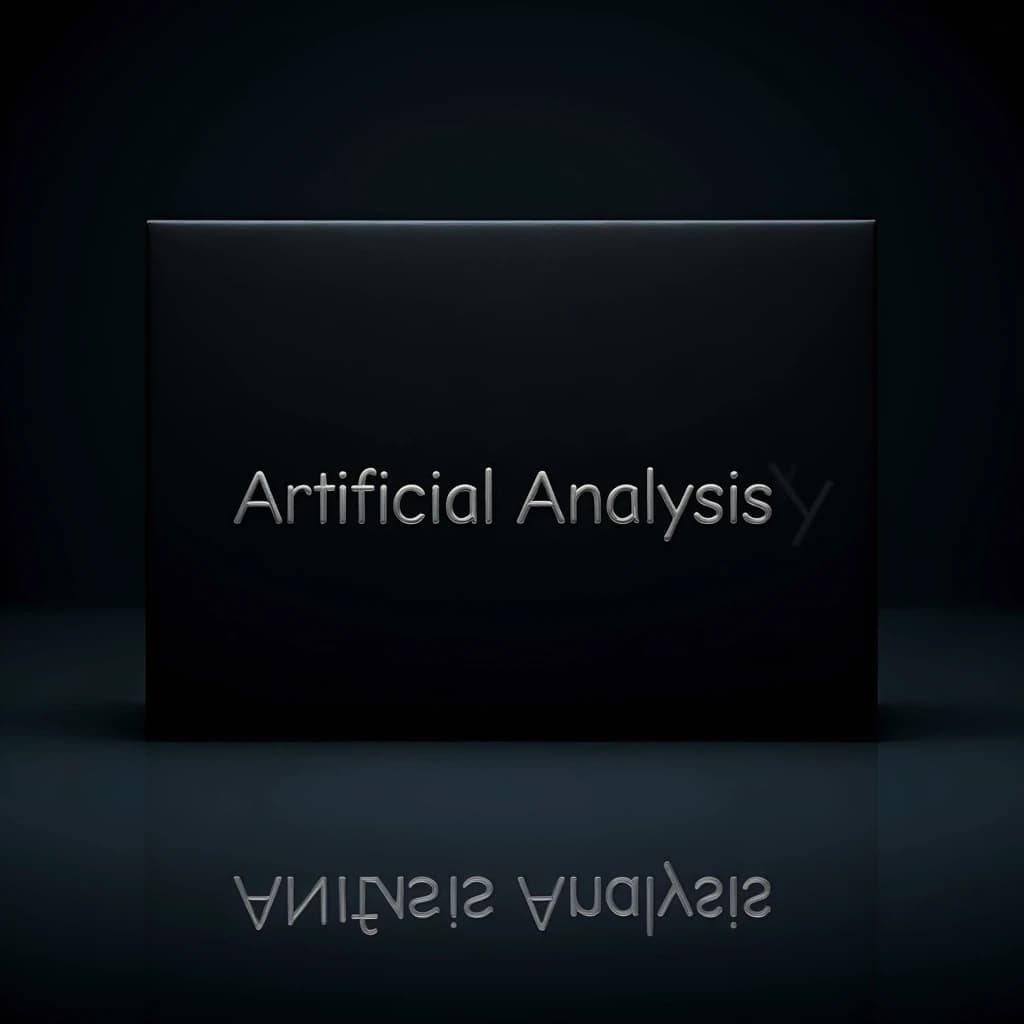 On the black box, silver foil embossing, centered: "Artificial Analysis" in Comic Sans Small Caps, perfectly justified. The letters are crisp, but the “Y” is duplicated faintly, ghosting right. On the box’s reflection, the word order is inverted: ARTIFICIAL ANALYSIS.