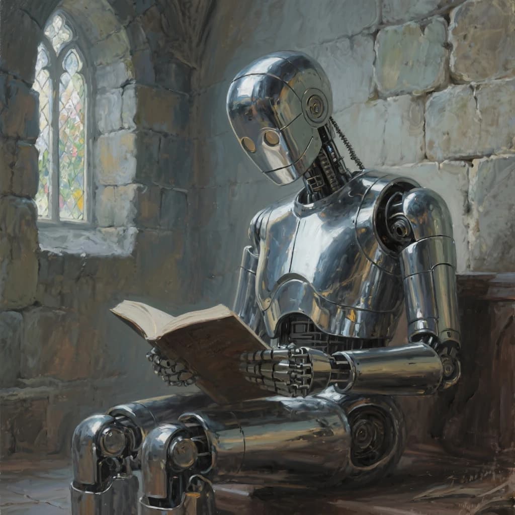 Oil painting of a chrome android reading in a stone chapel, a bit somber.