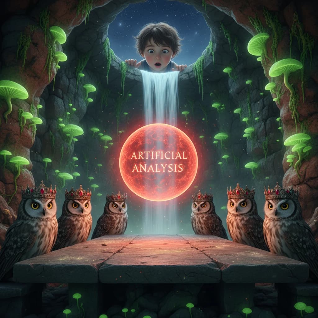 In a cavern lined with bioluminescent fungi glowing lime green, the council of owls wear jeweled crowns that glimmer with rubies, their wings folded behind their backs. Dust coats the stone table, a glowing orb inscribed with “Artificial Analysis” hovers above the table illuminating the owls with its red pulsating light. Behind them, a waterfall falls upward into a ceiling that opens onto stars - a child looks down in wonder from above at what he has stumbled across.