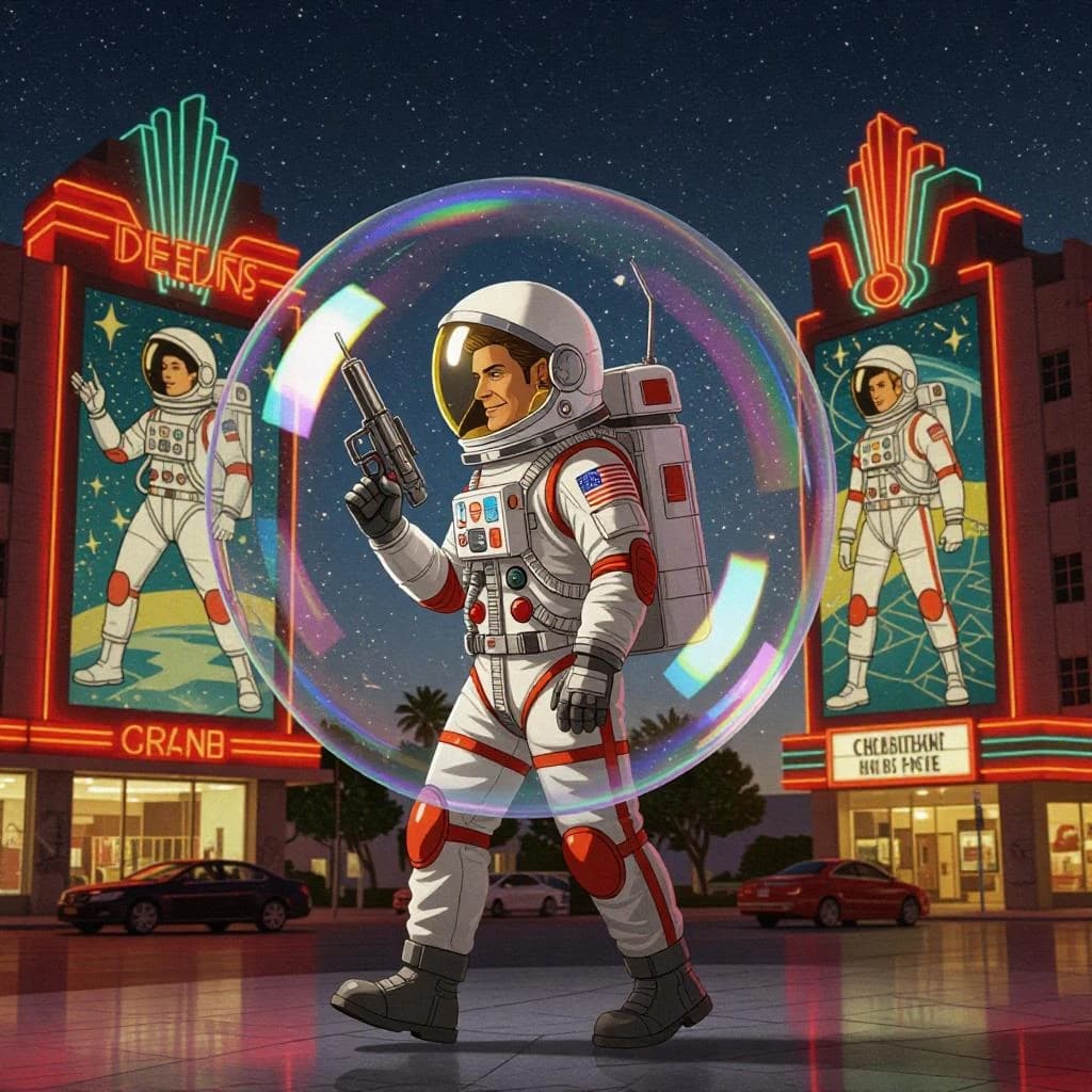 Raygun-toting astronaut in a bubble helmet strolls past art deco billboards.