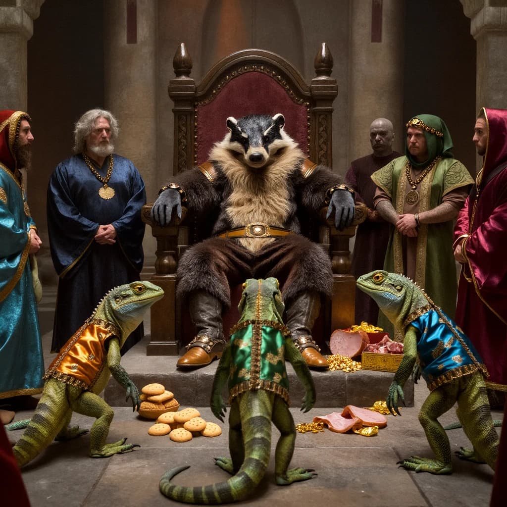 Big Weasel, the tyrannical ruler of the Levitus, slouches on his throne, his mood foul but somewhat brightened by the sight of gifts - a wearisome group of lizard traders adorned in fine silks proceed toward him through the hall with their annual tribute of biscuits, ham and gold - Big Weasel's favourites. Big Weasel's entourage looks on with stern approval.