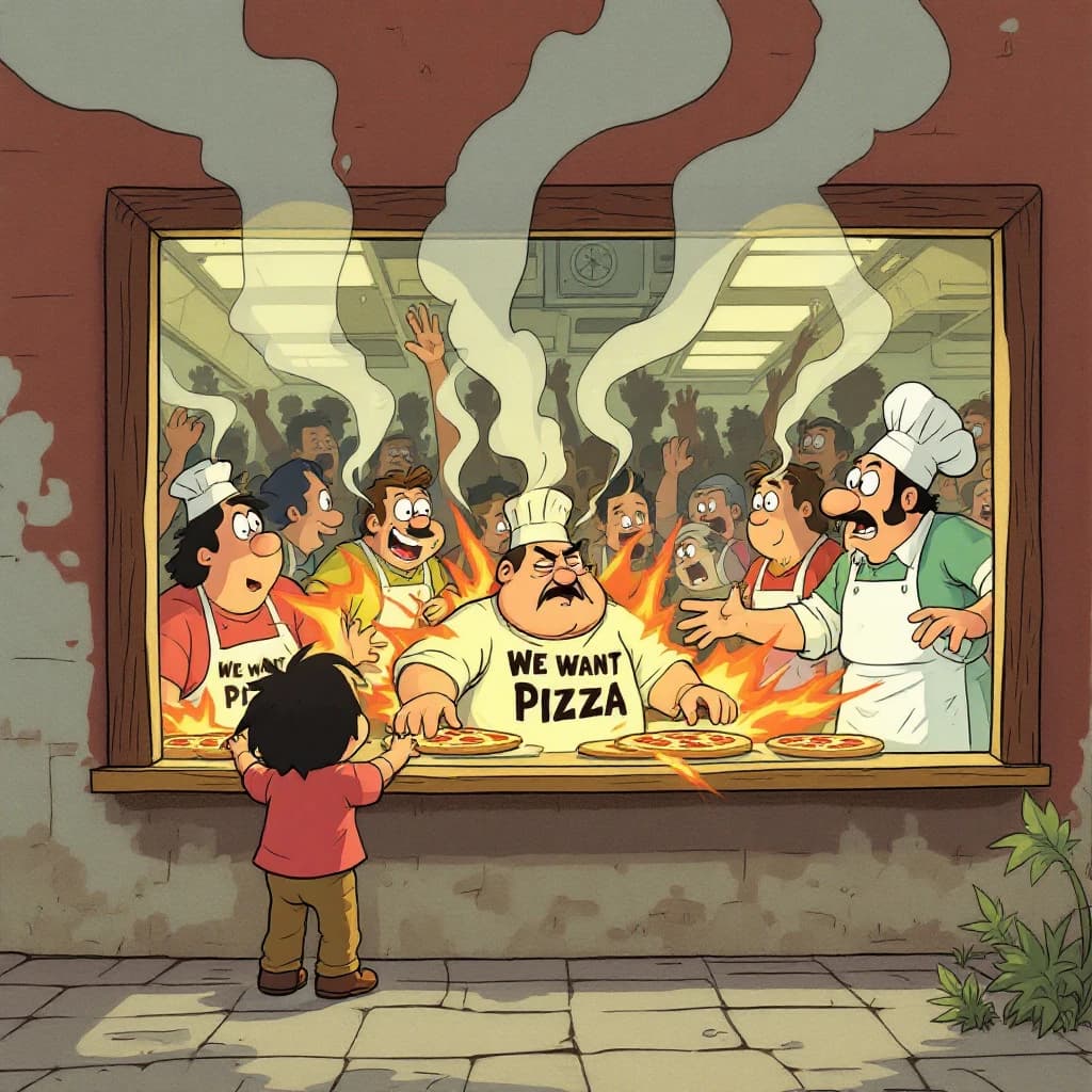 Pasquale is pulling his few remaining hairs out over a disaster at the pizzeria - the cooks are working as fast as they can but the crowds outside are swelling and they demand hot hot pizza! They are banging on the glass and some are wearing "we want pizza" shirts. 1980s western TV animation style.